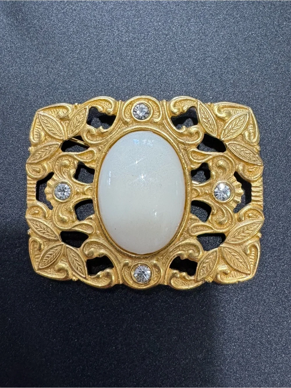 Vintage Gold-Tone Art Nouveau Revival Filigree Brooch White Cabochon Crystals